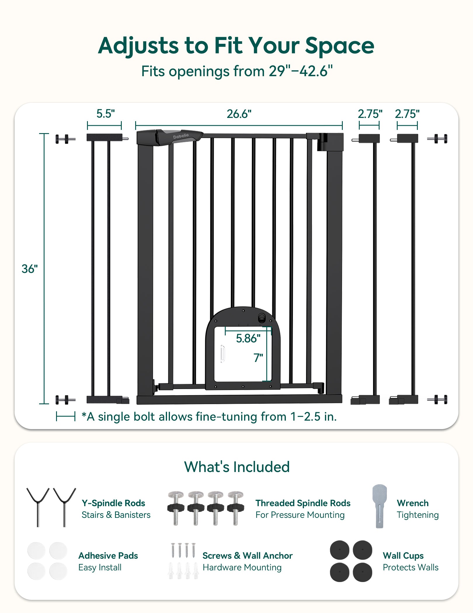 Measurement chart for a adjustable pet gate with dimensions and included components.#Color_Black