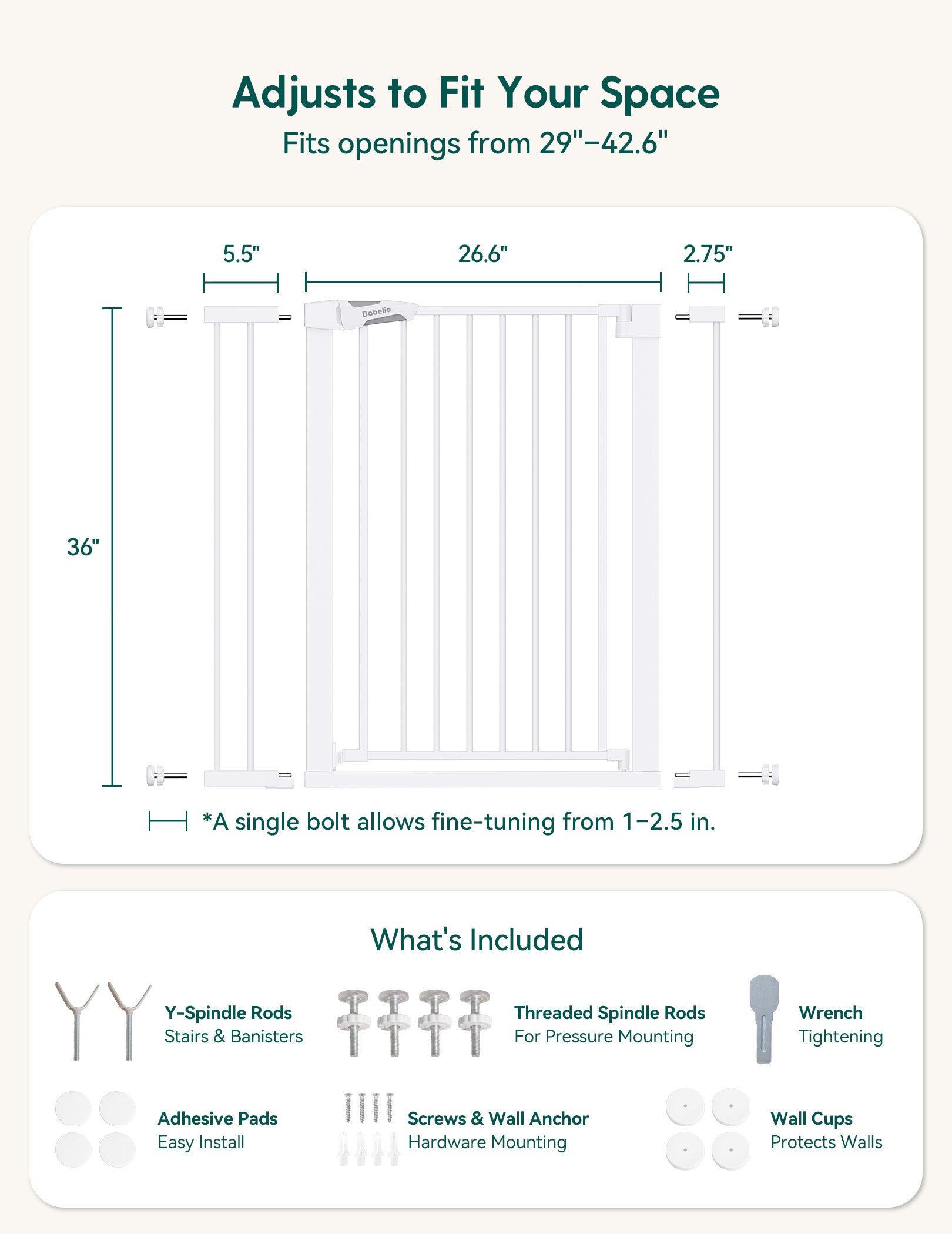 Product dimensions and included items for a adjustable space product on a white background#Color_White
