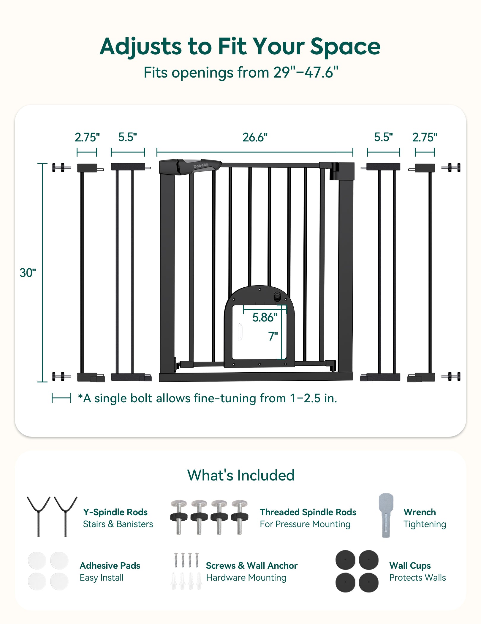 Dimensions and features of a adjustable pet gate with included accessories.#Color_Black