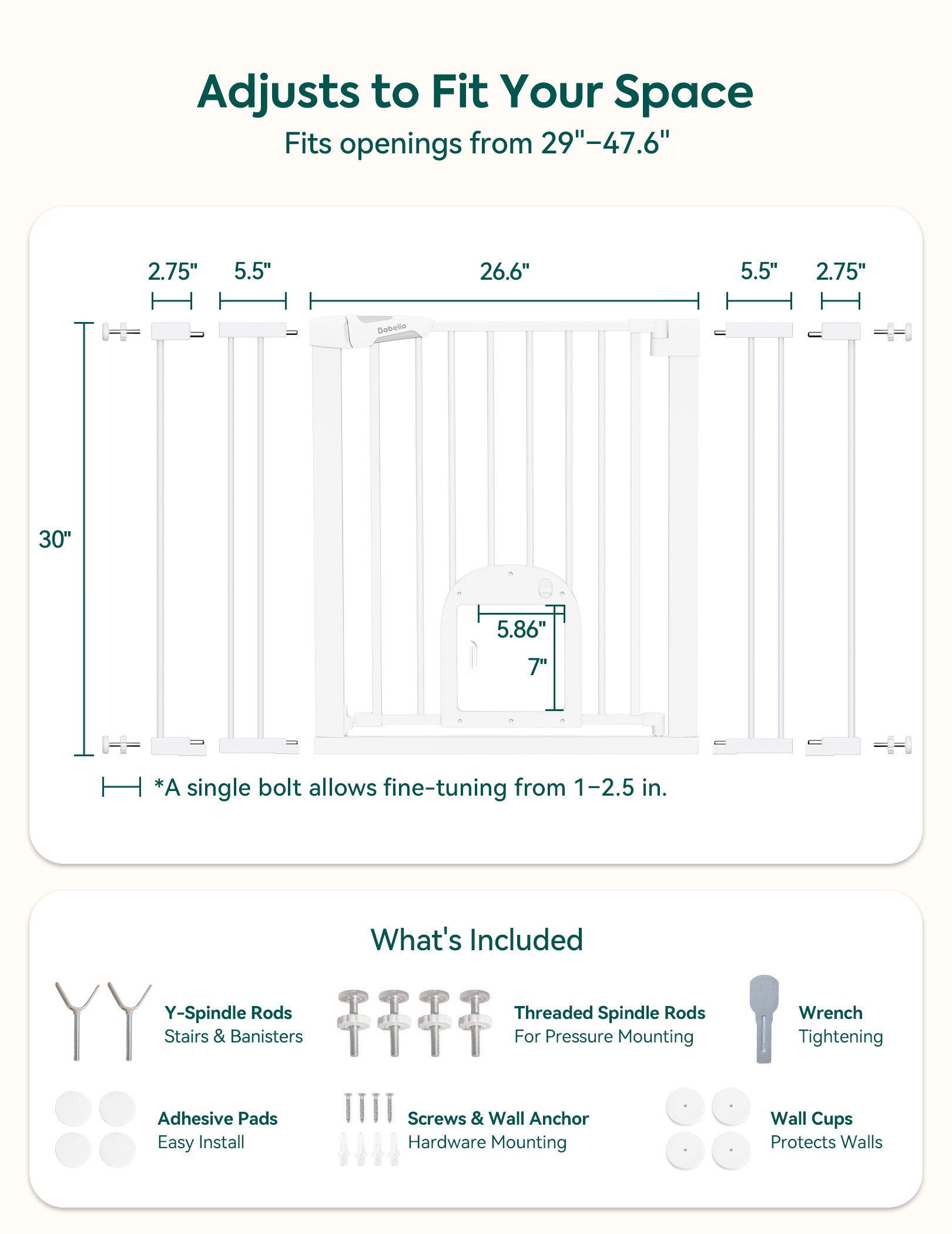 Product dimensions and features with text 'Adjusts to Fit Your Space' and measurements.#Color_White