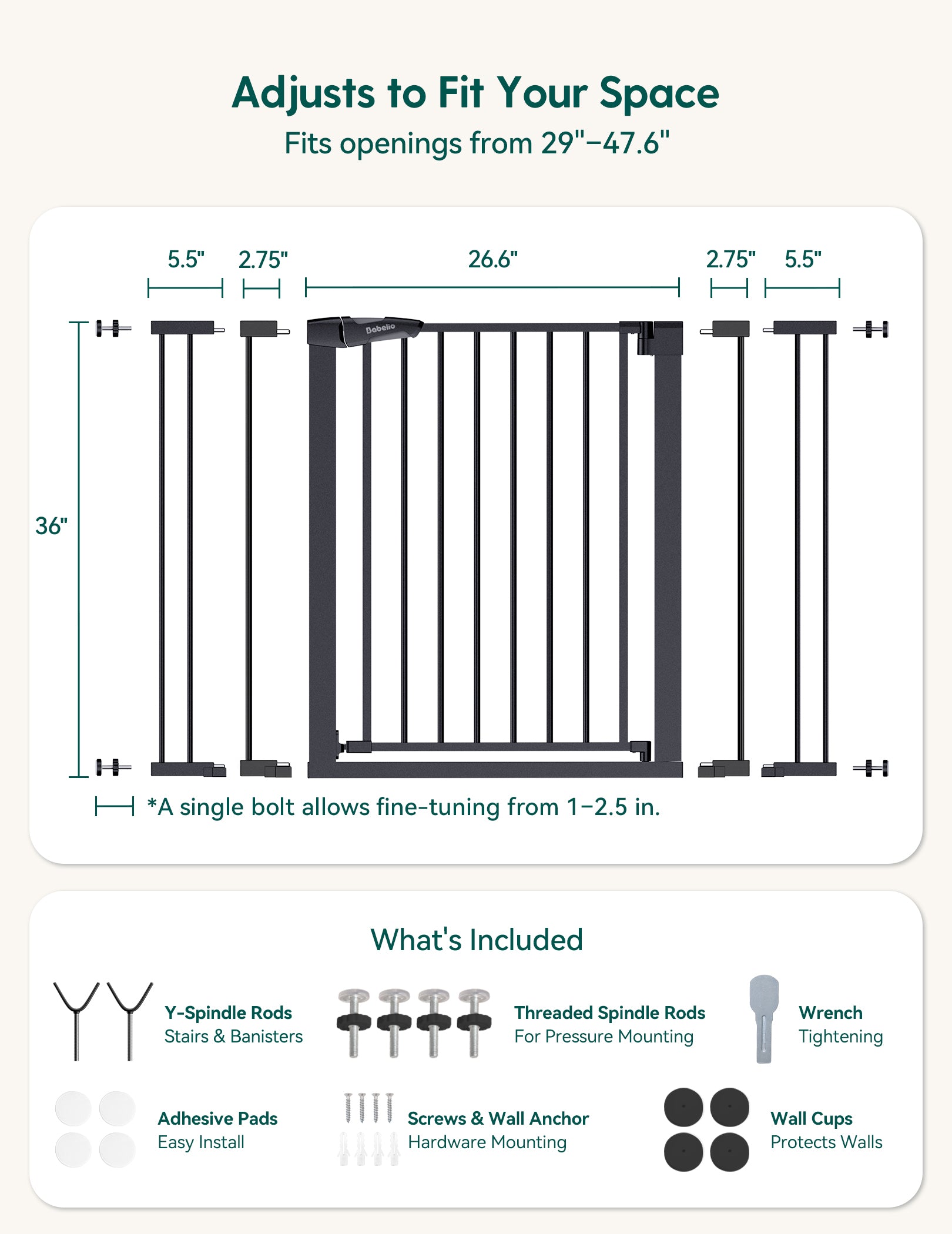 Measurement chart for a adjustable safety gate with dimensions and included components.#Color_Black