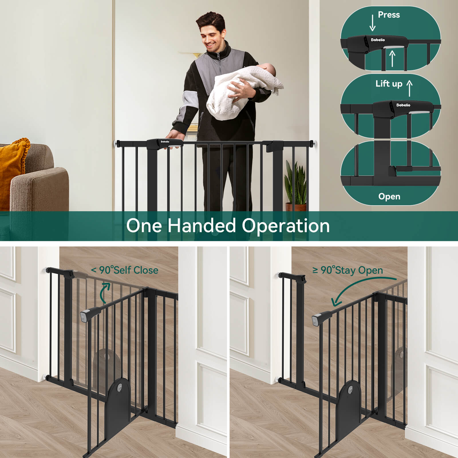 Babelio Flex-Fit 29-43 Adjustable Baby Gate with Lockable Pet Door –  Auto-Close, Easy Walk-Thru