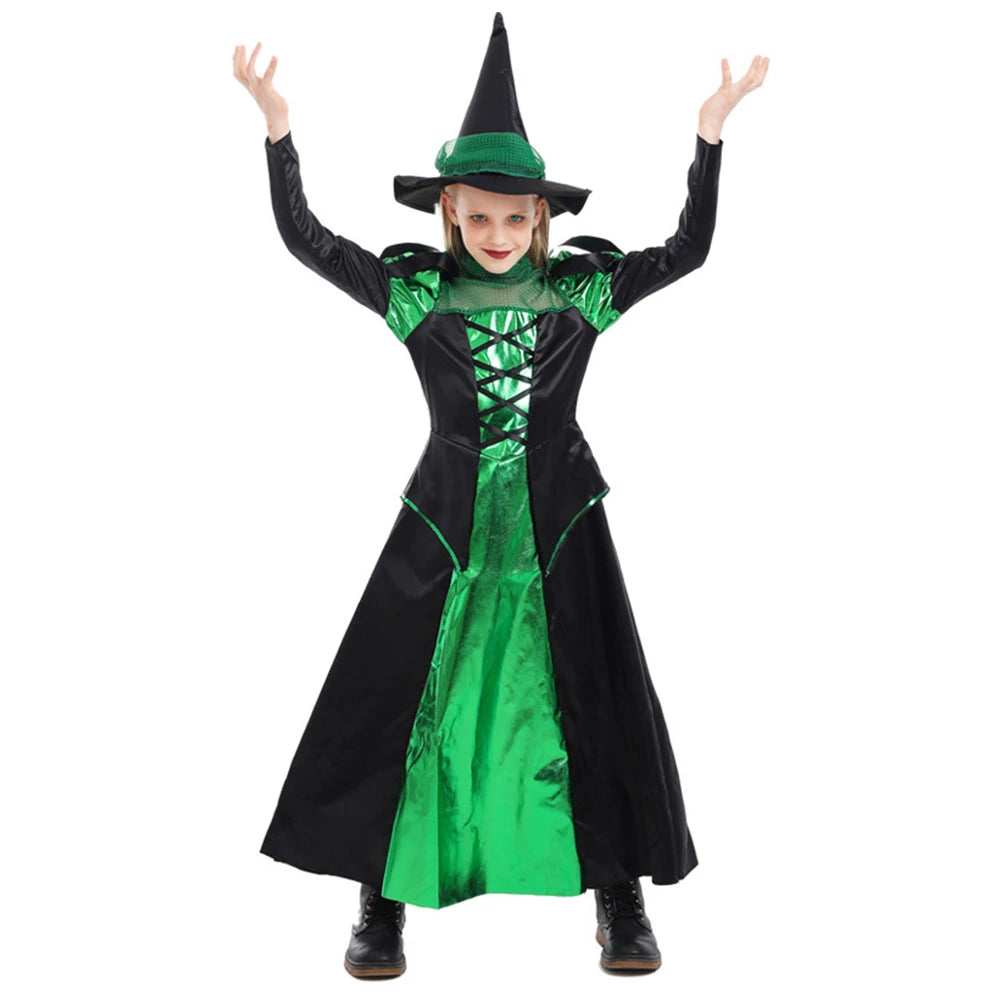 Tiny Cuddling Green and Black Witch Long Dress for Girls | 2024 Halloween Costume