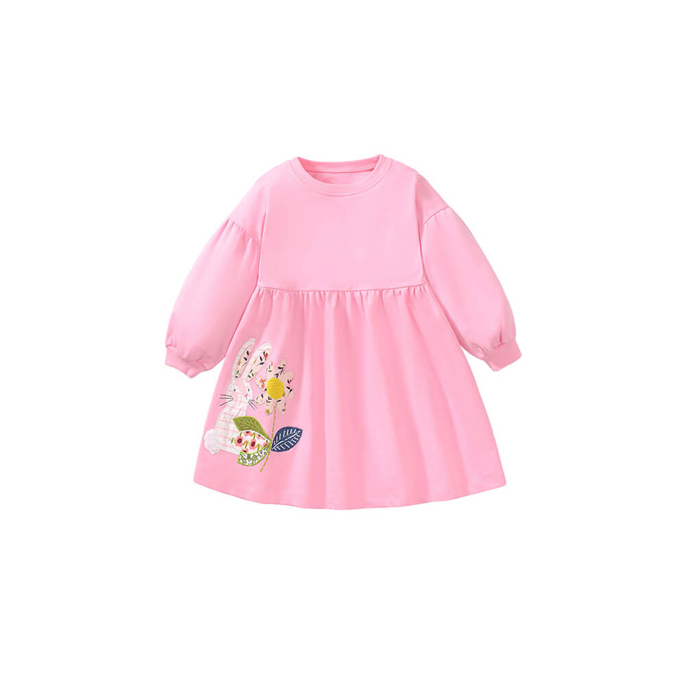 Chic European-style Long-sleeve Cotton Dress for Girls with Adorable Cartoon Design