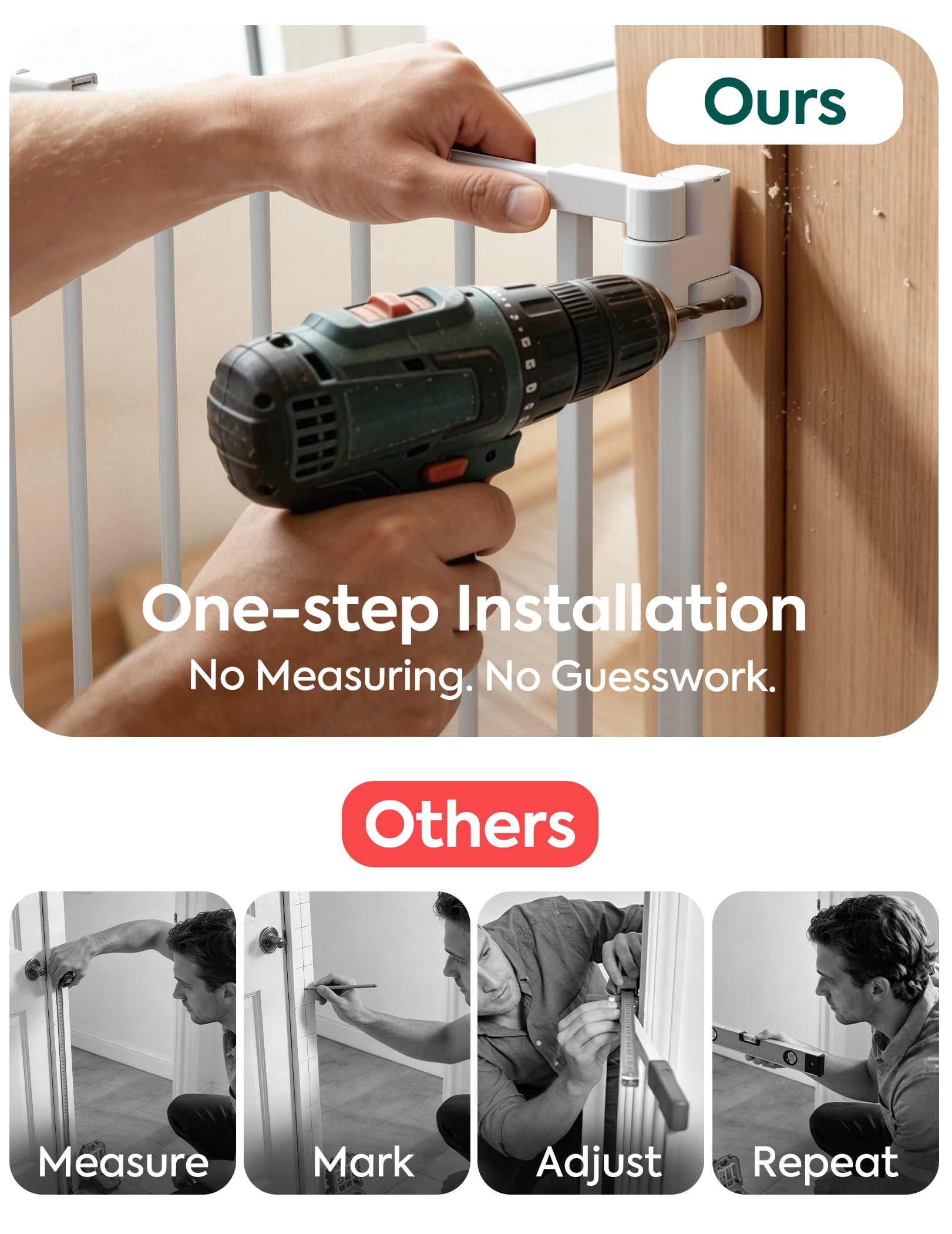Person using a drill to install a baby gate with text highlighting one-step installation.#Color_White