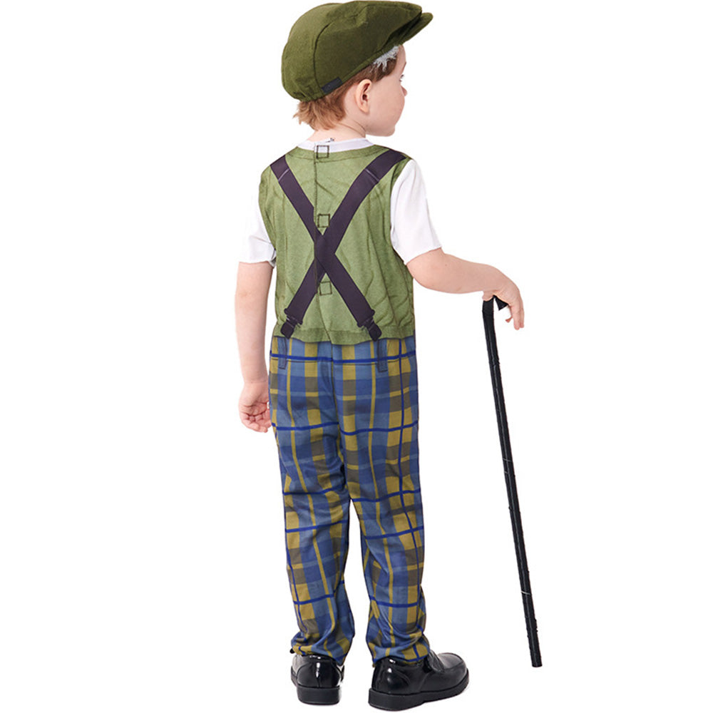 Tiny Cuddling Children's Grandpa Costume - Halloween Cosplay Old Man Outfit with Hat and Glasses, Plaid Pants, and Suspenders