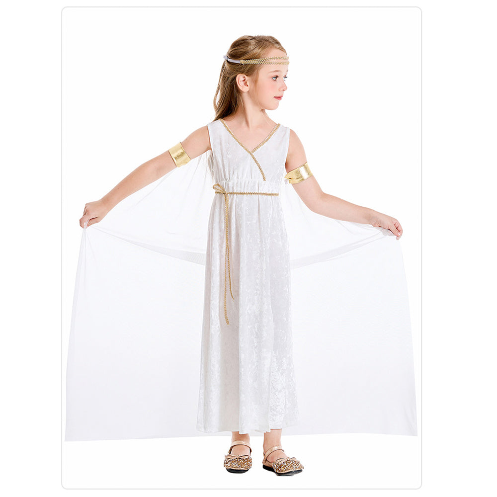 Tiny Cuddling Greek Mythology Inspired Girls' White Gown with Golden Cape 鈥?Perfect for Halloween and Costume Parties