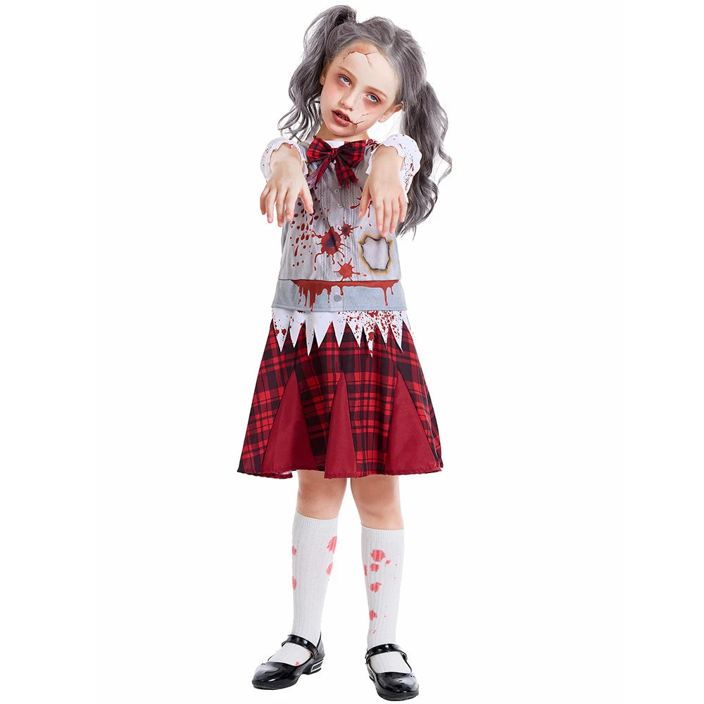 Tiny Cuddling Red Plaid Zombie Bloodstained Costume for Girls | 2024 Halloween Costume