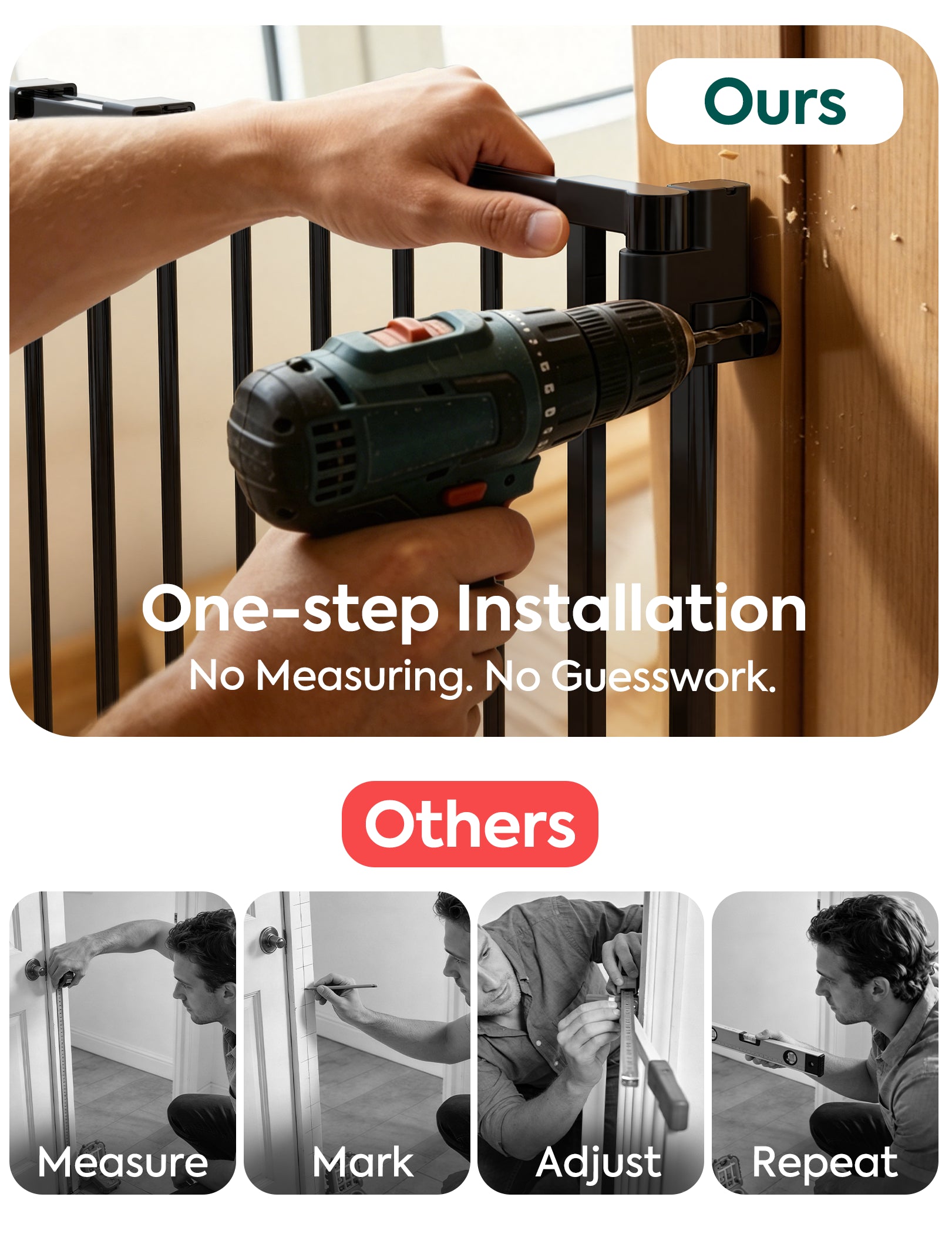 Promotional comparison graphic for a door safety gate. The top section shows a person using a cordless drill to install a black gate on a wooden door, with text reading 'One-step Installation No Measuring.#Color_Black