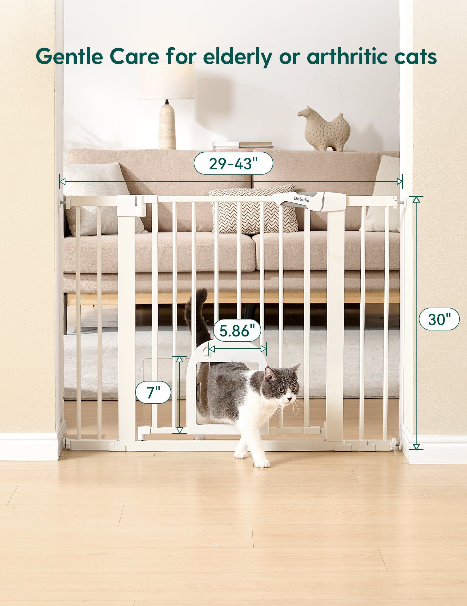 Cat using a pet gate with measurements displayed, suitable for elderly or arthritic cats.#Color_White