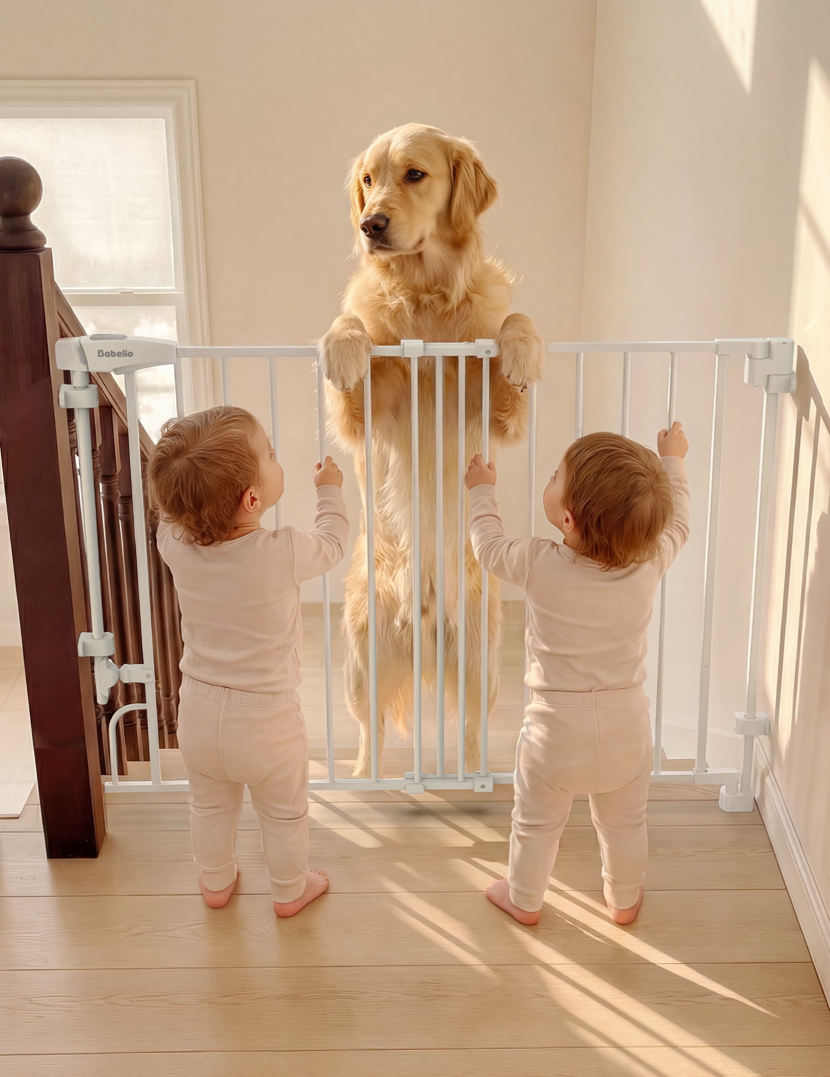 A white stair gate installed on an indoor staircase, with a golden retriever standing behind it and two toddlers in matching light pink outfits reaching up to close the gate.#Color_White