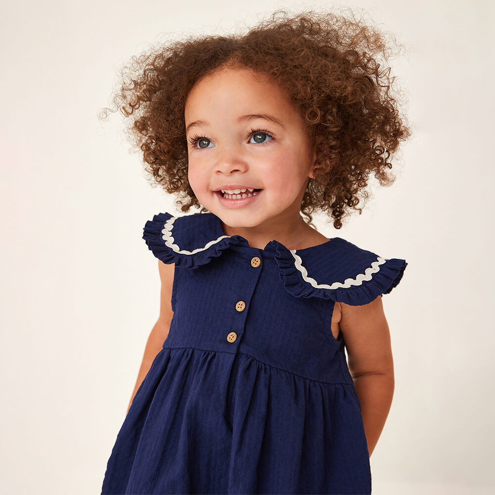 Tiny Cuddling Navy Blue Cotton Princess Dress with Contrast Peter Pan Collar for Girls