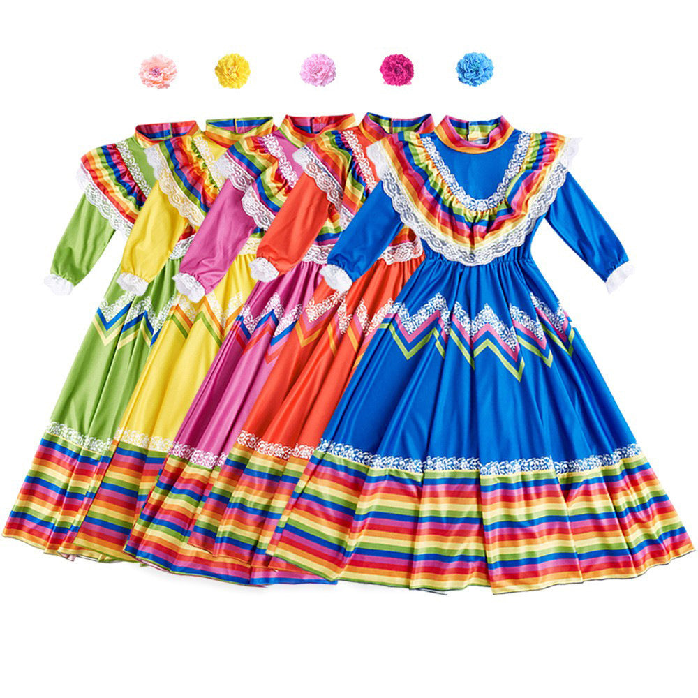 Tiny Cuddling Mexican Folk Dance Dress for Girls - Halloween Costume, School Performance Outfit, Traditional Long Skirt