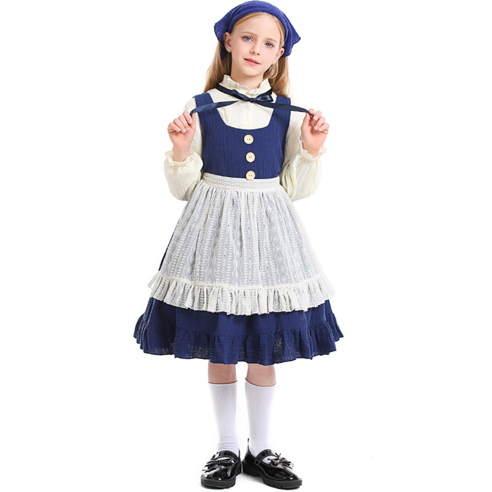 Tiny Cuddling Children's Match Girl Costume for Stage Performance - Peasant Dress with Apron and Bonnet