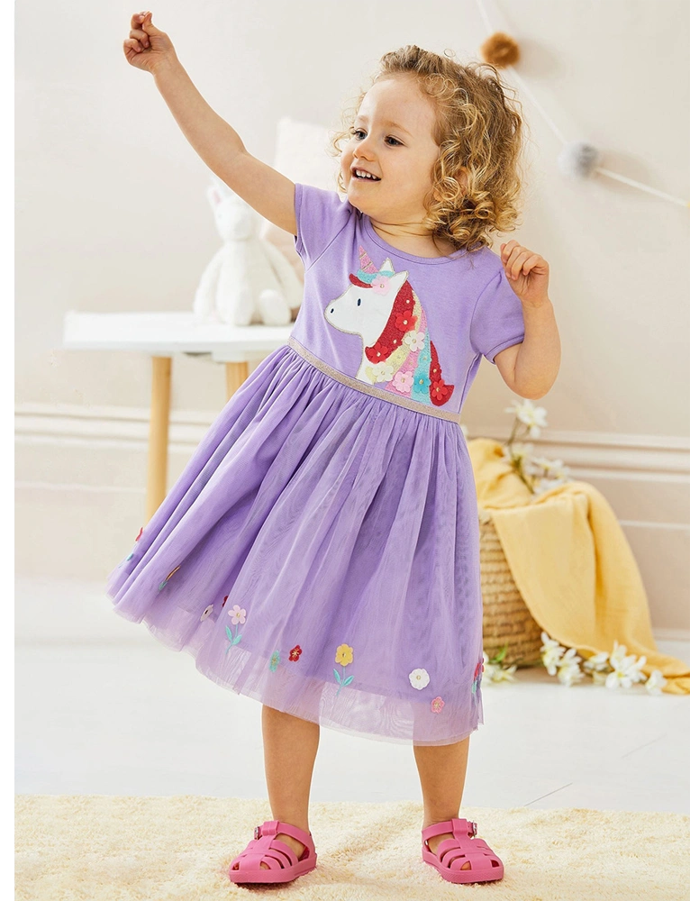 Tiny Cuddling Girls' Purple Pony Mesh Dress 鈥?Spring/Summer