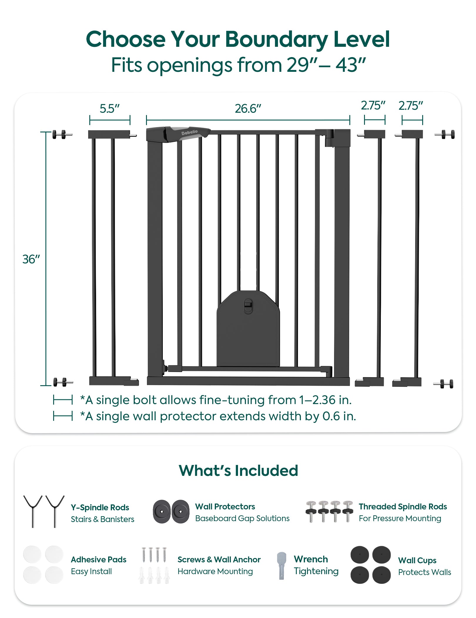 An informational product graphic for a stair gate showing a front view with labeled dimensions, plus a bottom section listing included accessories such as Y-spindle rods, wall protectors, threaded spindle rods, adhesive pads, screws, wall anchor, wrench, and wall cups.#Color_Black