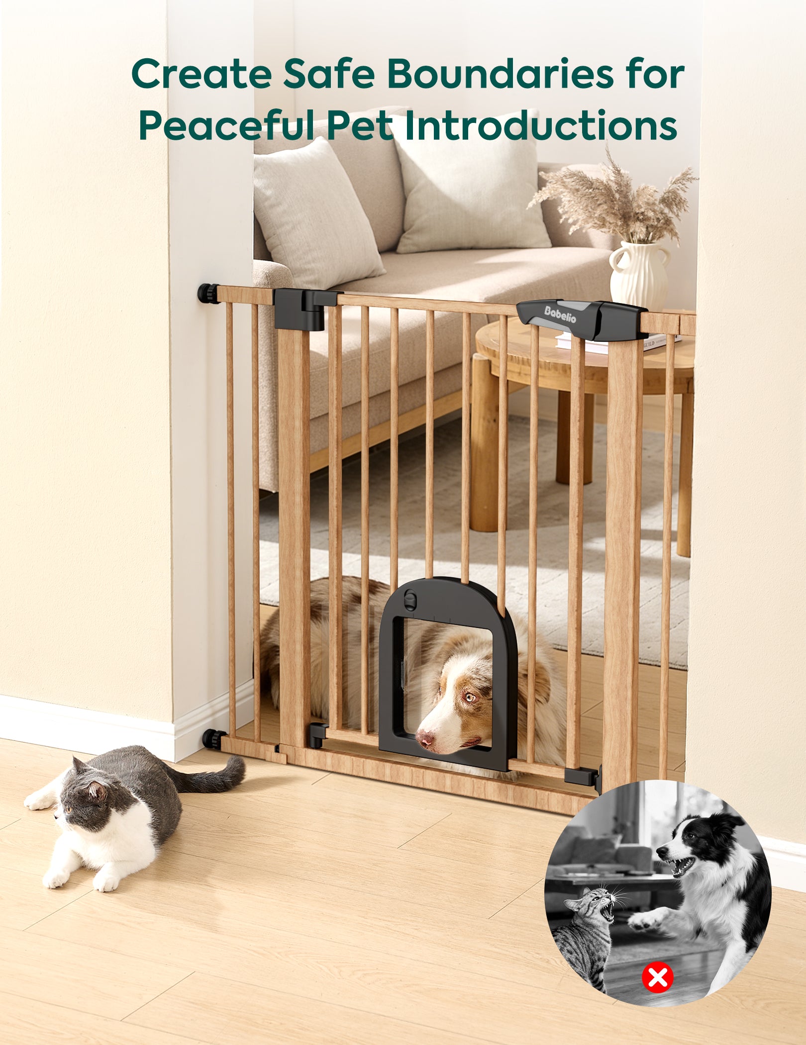 Pet gate with a cat and dog inside, surrounded by furniture and decor.#Color_Wood Pattern