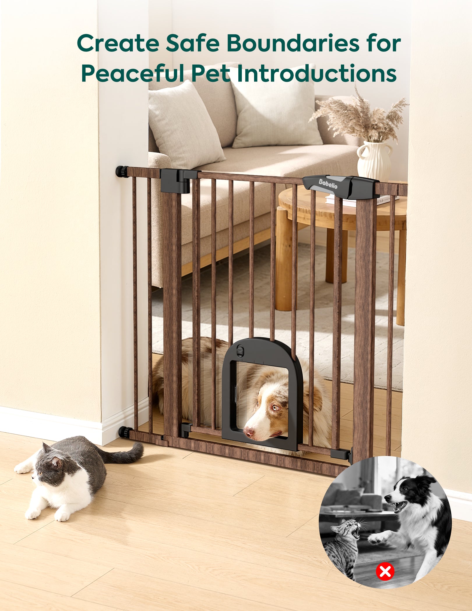 Pet gate with a dog and cat on either side, indoors.#Color_Brown Wood Pattern