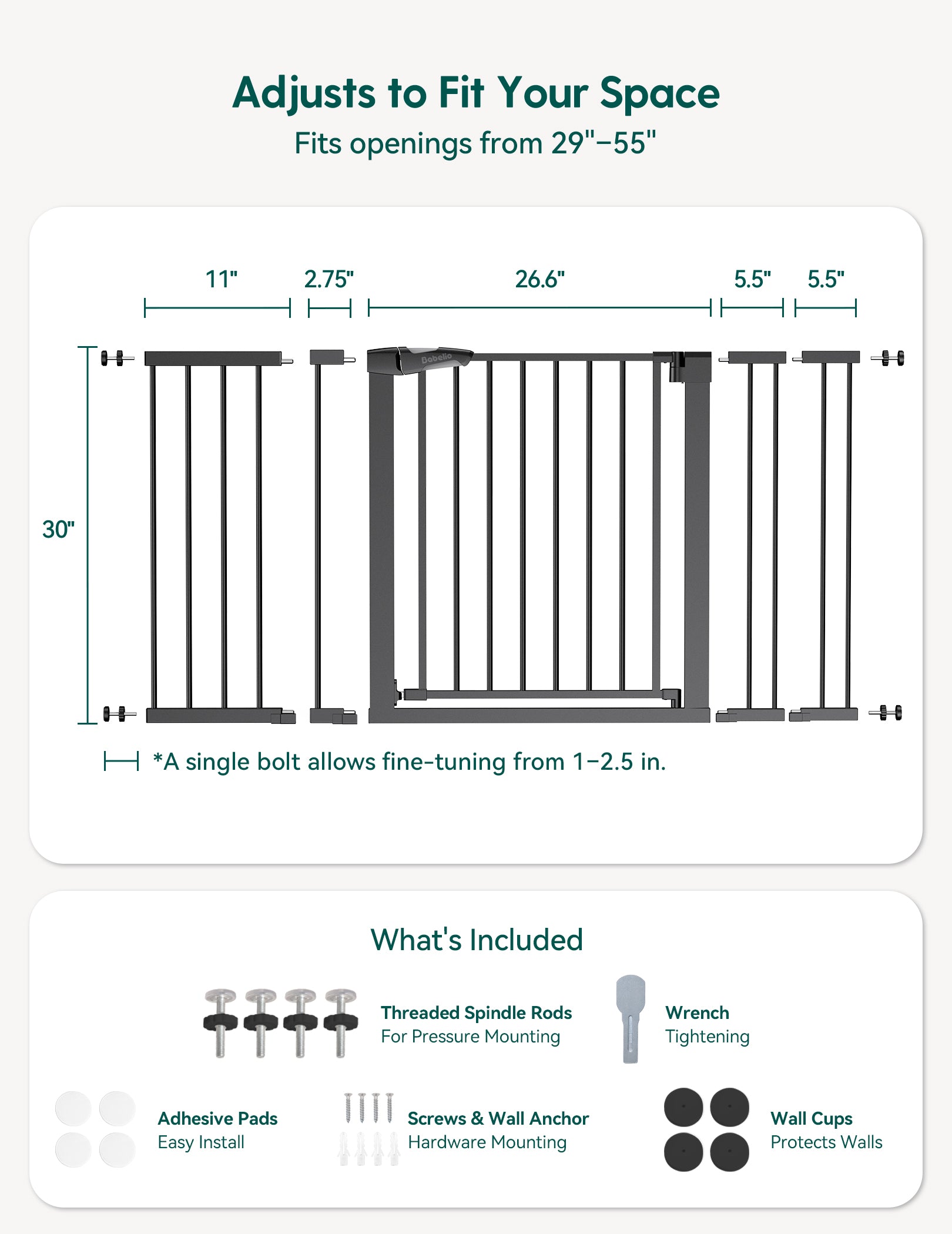 Measurement chart for a adjustable space gate with dimensions and included components.#Color_Black