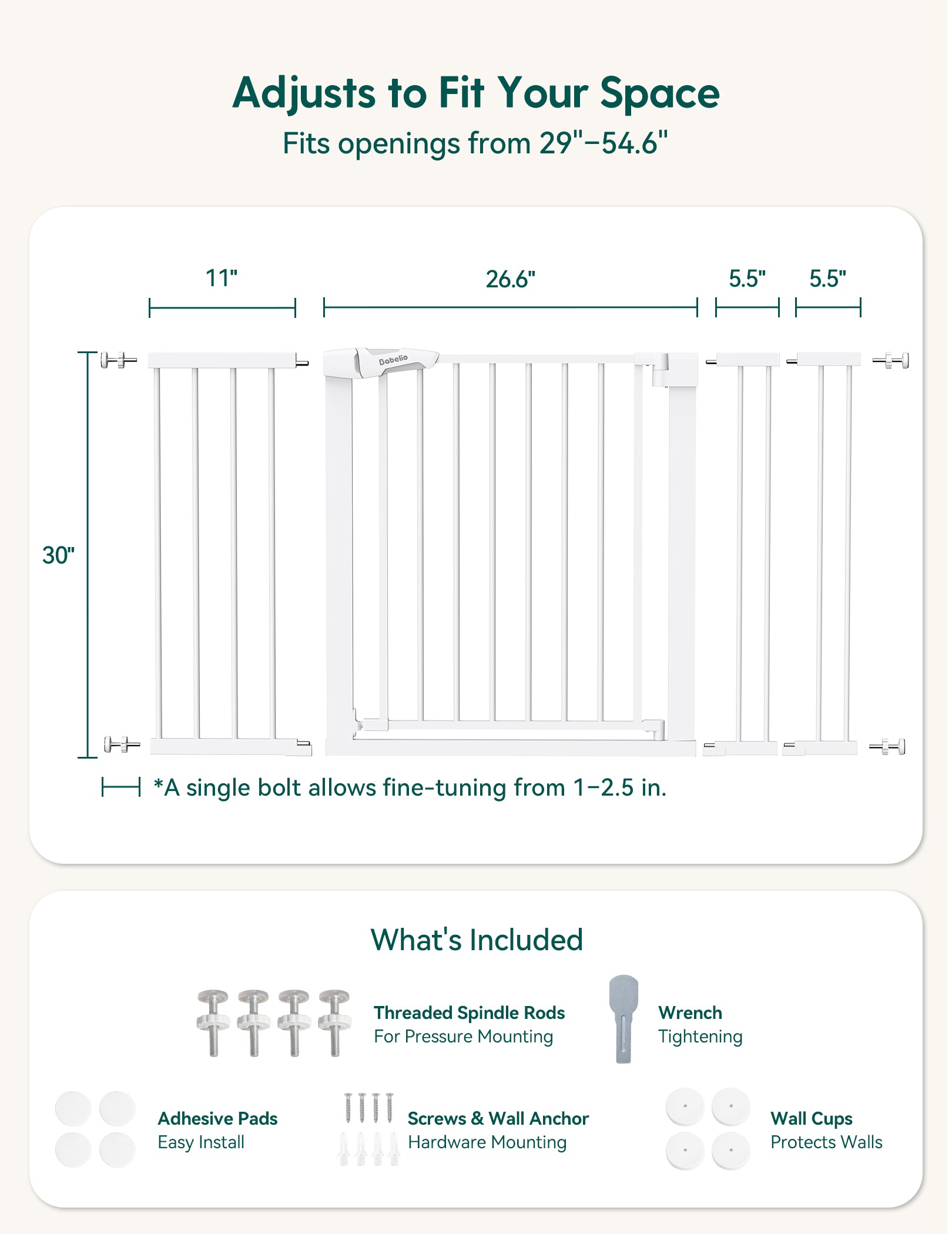 Dimensions and features of a adjustable space-saving product on a white background#Color_White