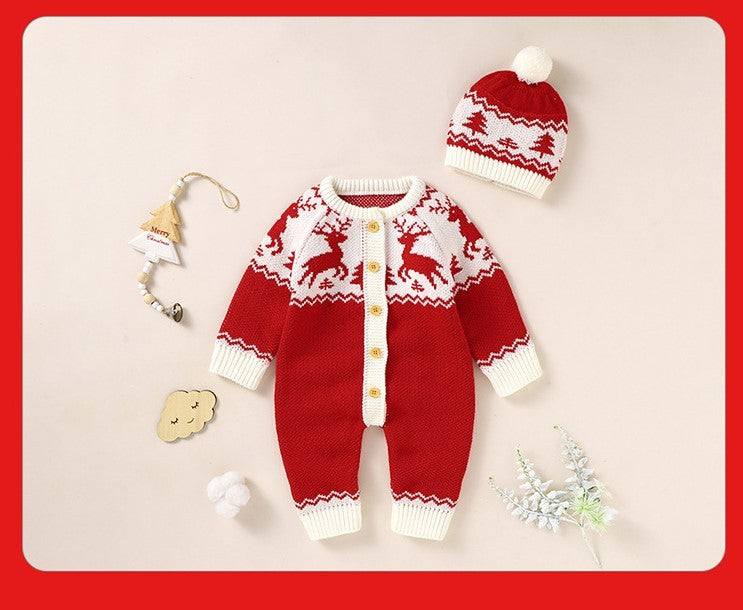 Tiny Cuddling Baby Christmas Elk Knitted One-piece Suit