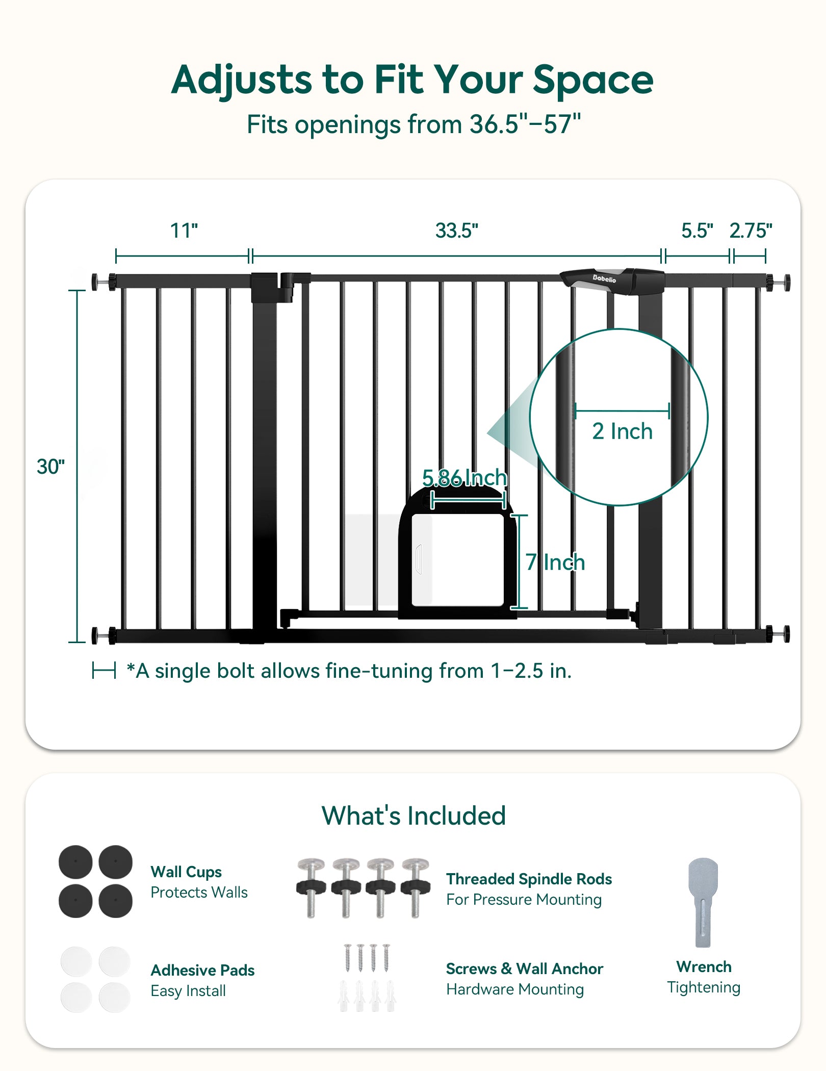 Dimensions and features of a adjustable pet gate with text indicating adjustability and included components.#Color_Black