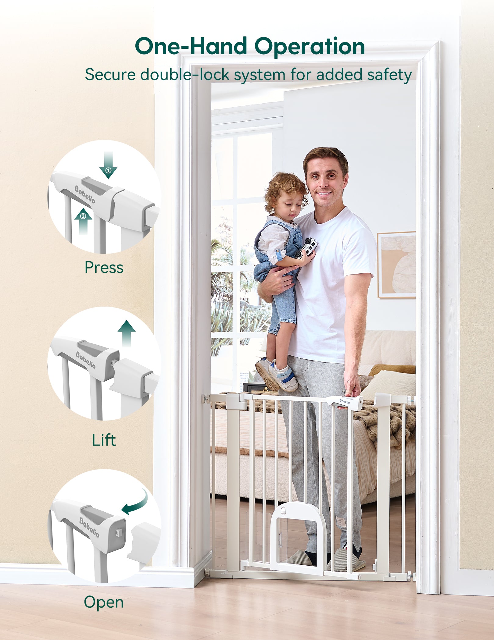 Baby gate with one-hand operation feature, showing a father and child using it.#Color_White