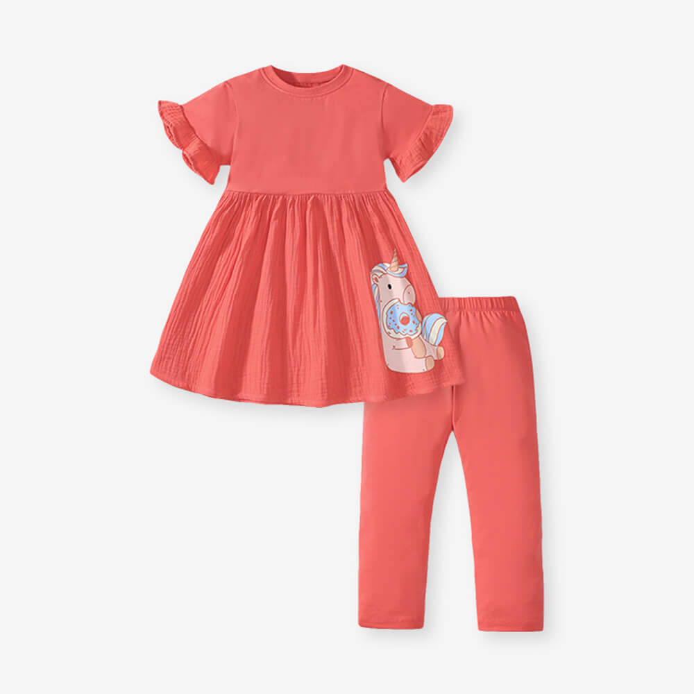 Girls' Peachy Summer Dress & Leggings Set with Unicorn Accent - 2024 Collection