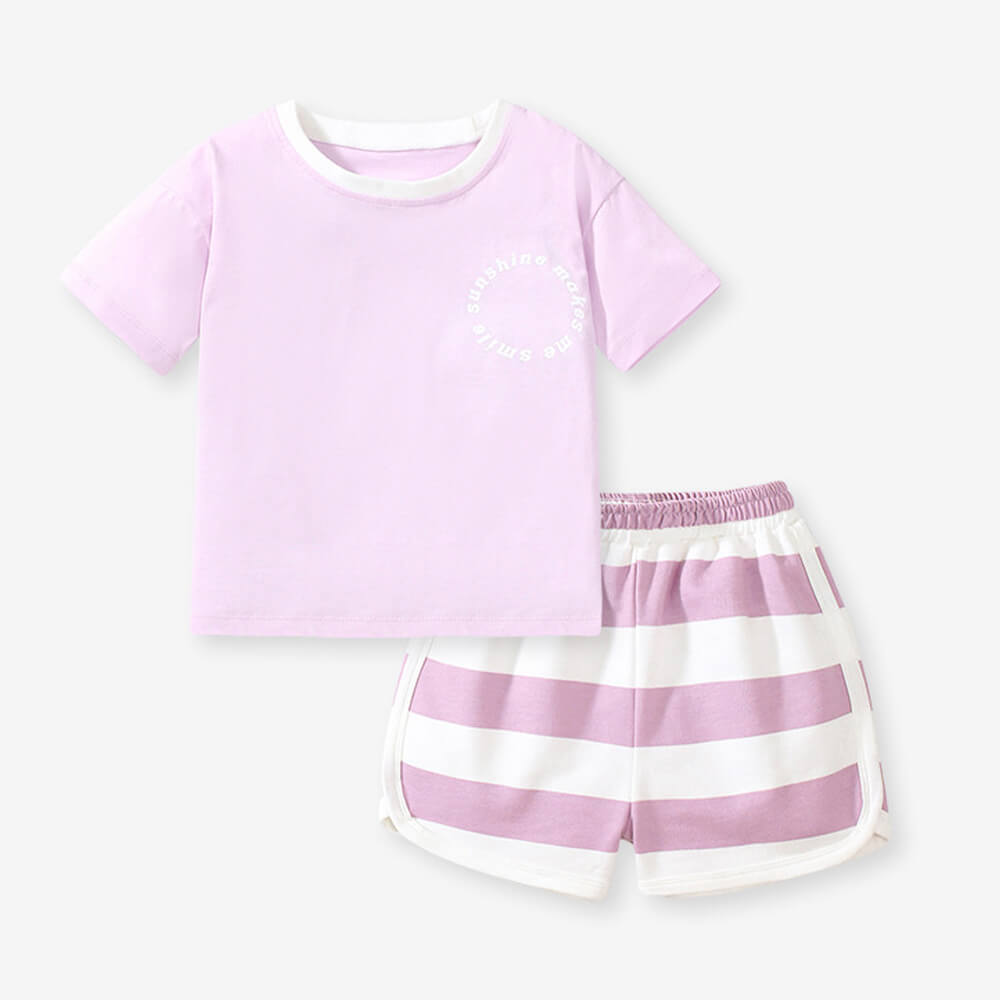 Girls' Cotton Two-Piece Summer Set - Charming Pink Tee & Striped Shorts