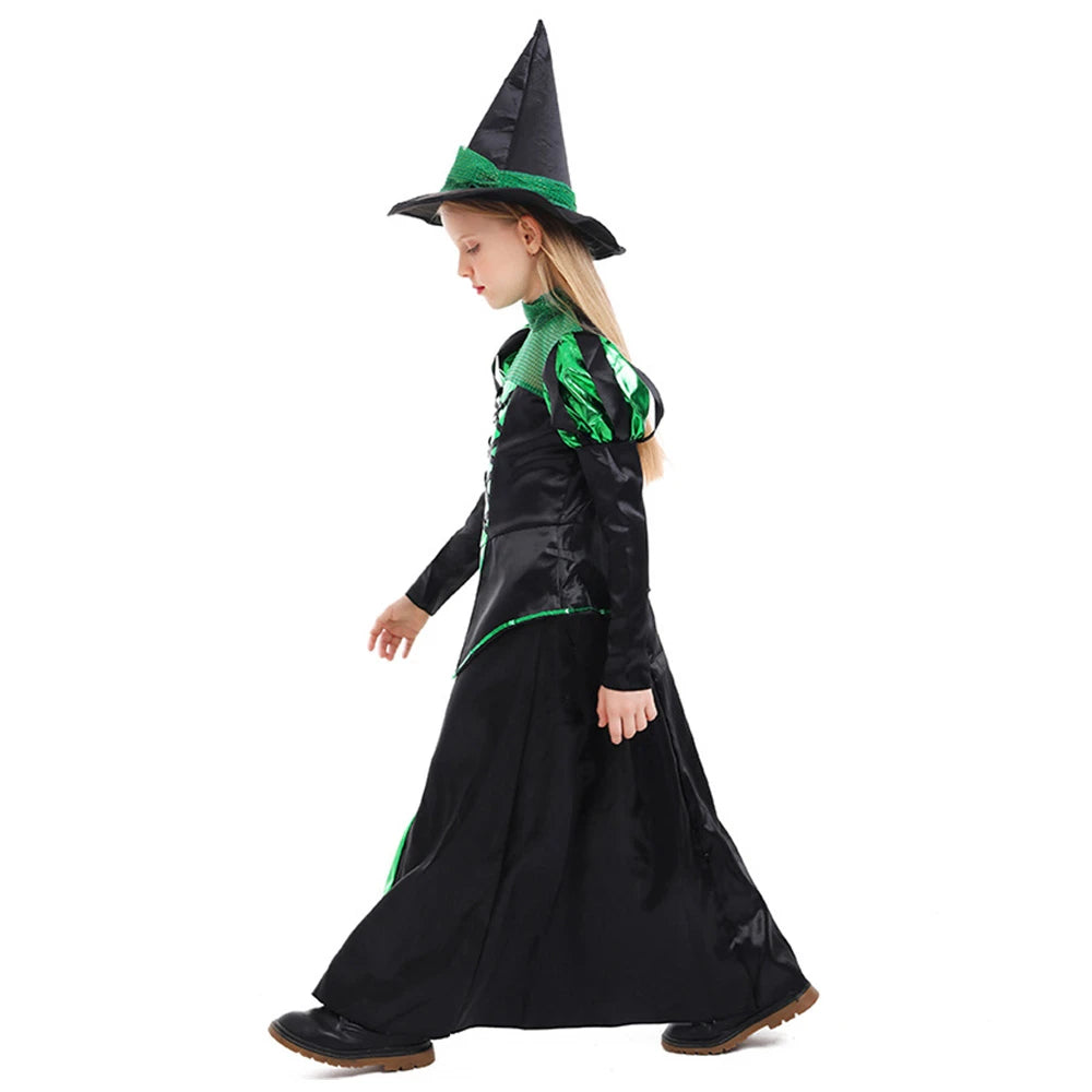 Tiny Cuddling Green and Black Witch Long Dress for Girls | 2024 Halloween Costume