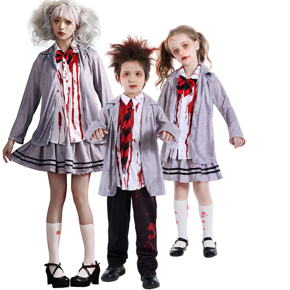 Tiny Cuddling Gray Vampire Student Uniform for Kids | 2024 Halloween Costume