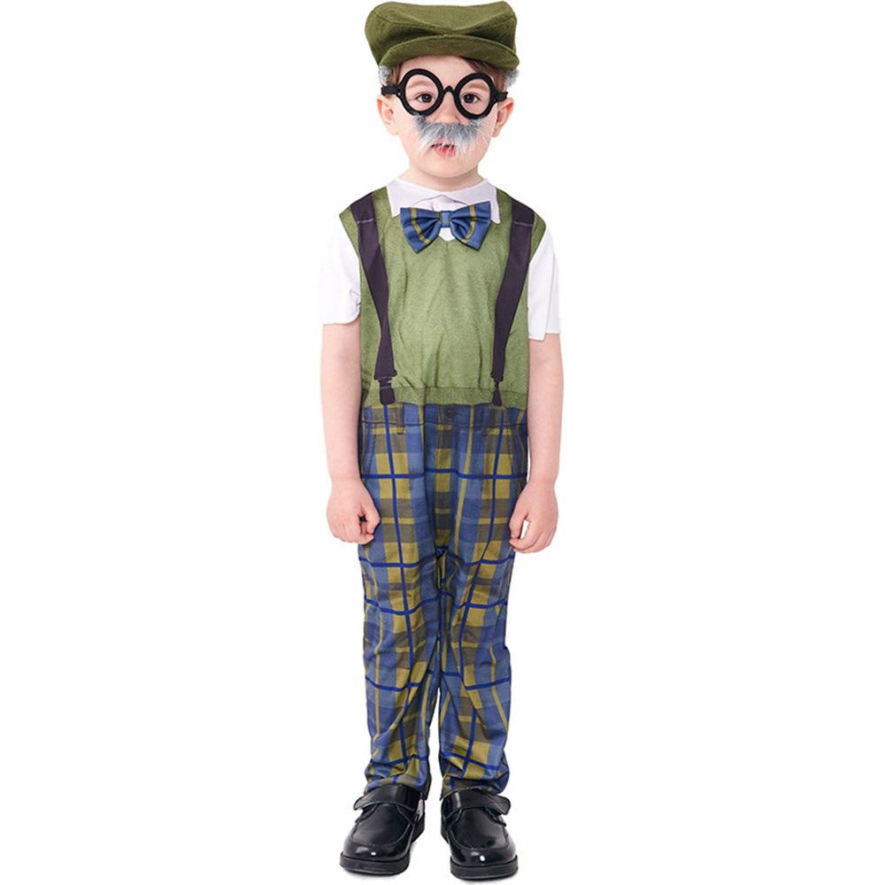 Tiny Cuddling Children's Grandpa Costume - Halloween Cosplay Old Man Outfit with Hat and Glasses, Plaid Pants, and Suspenders