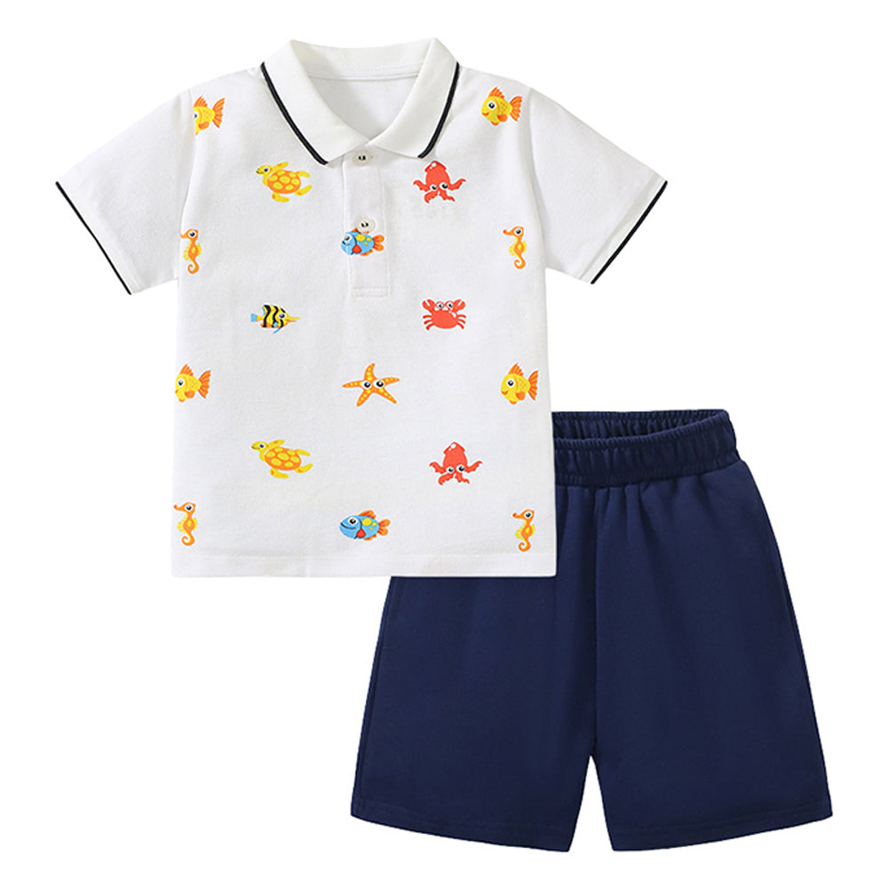 Boys' Playful Cartoon Summer Set with Cotton Tee and Shorts