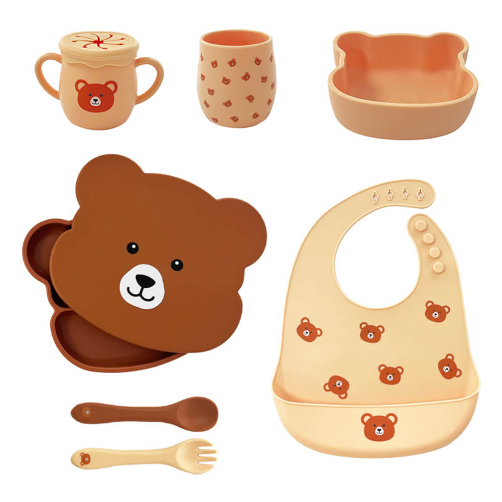 New Bear Kids Tableware Set - Baby Anti-fall Silicone Snack Cup with Cartoon Design and Cute Divided Plate