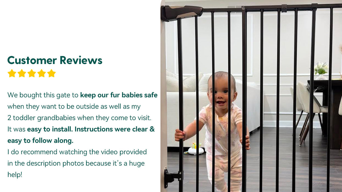 Baby gate with a child peeking through, surrounded by text about customer reviews.