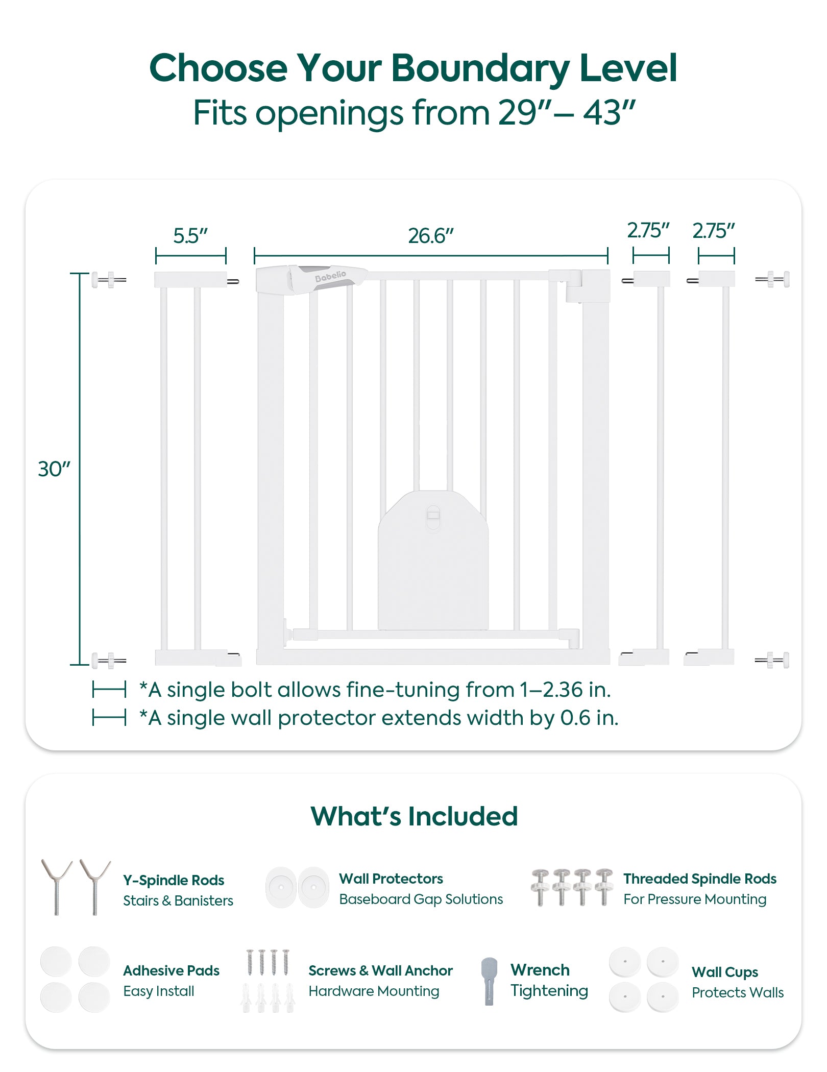 An informational product graphic for a white safety gate with dimension callouts showing opening widths and a 30-inch height, plus a 'What's Included' section listing included parts.#Color_White