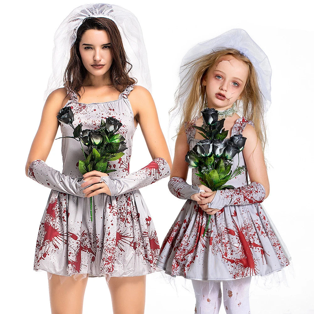 Tiny Cuddling Gray Bloodstained Ghost Bride Costume for Girls | 2024 Halloween Costume