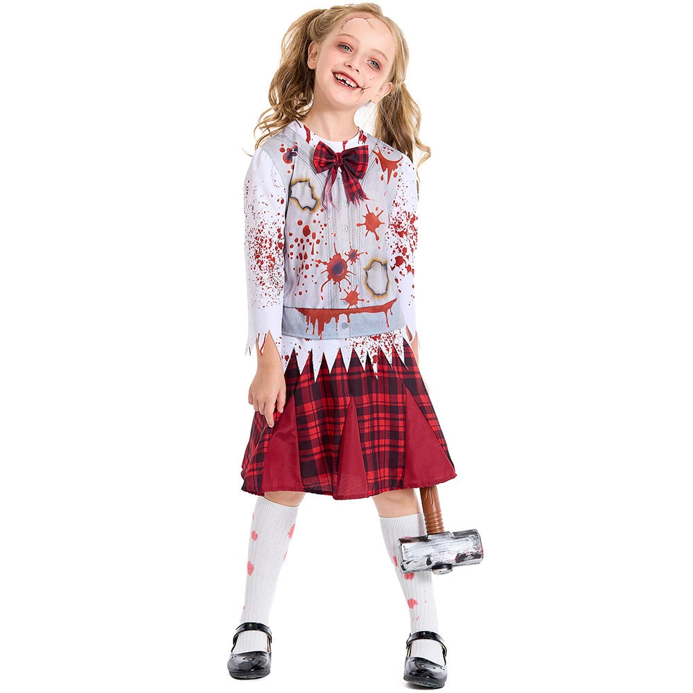 Tiny Cuddling Red Plaid Zombie Bloodstained Costume for Girls | 2024 Halloween Costume