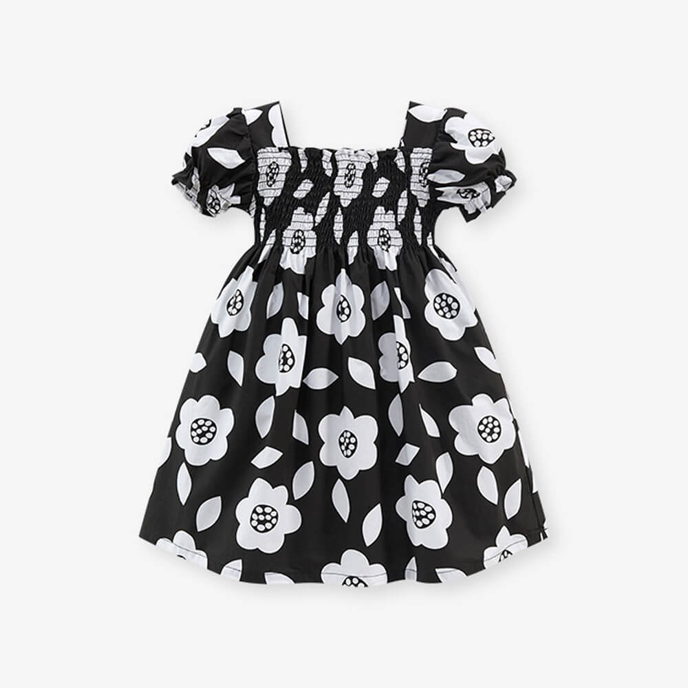 Girls' Black & White Floral Cotton Dress with Ruffled Sleeves - Summer Chic Collection