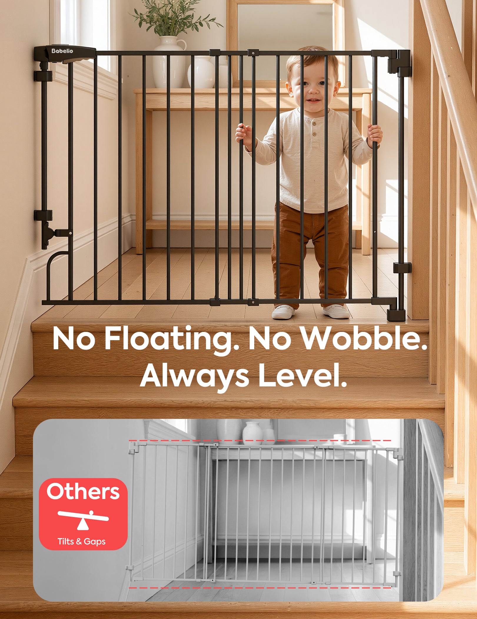A black metal stair gate installed across wooden stairs, with a child standing behind it. Large text reads 'No Floating.#Color_Black