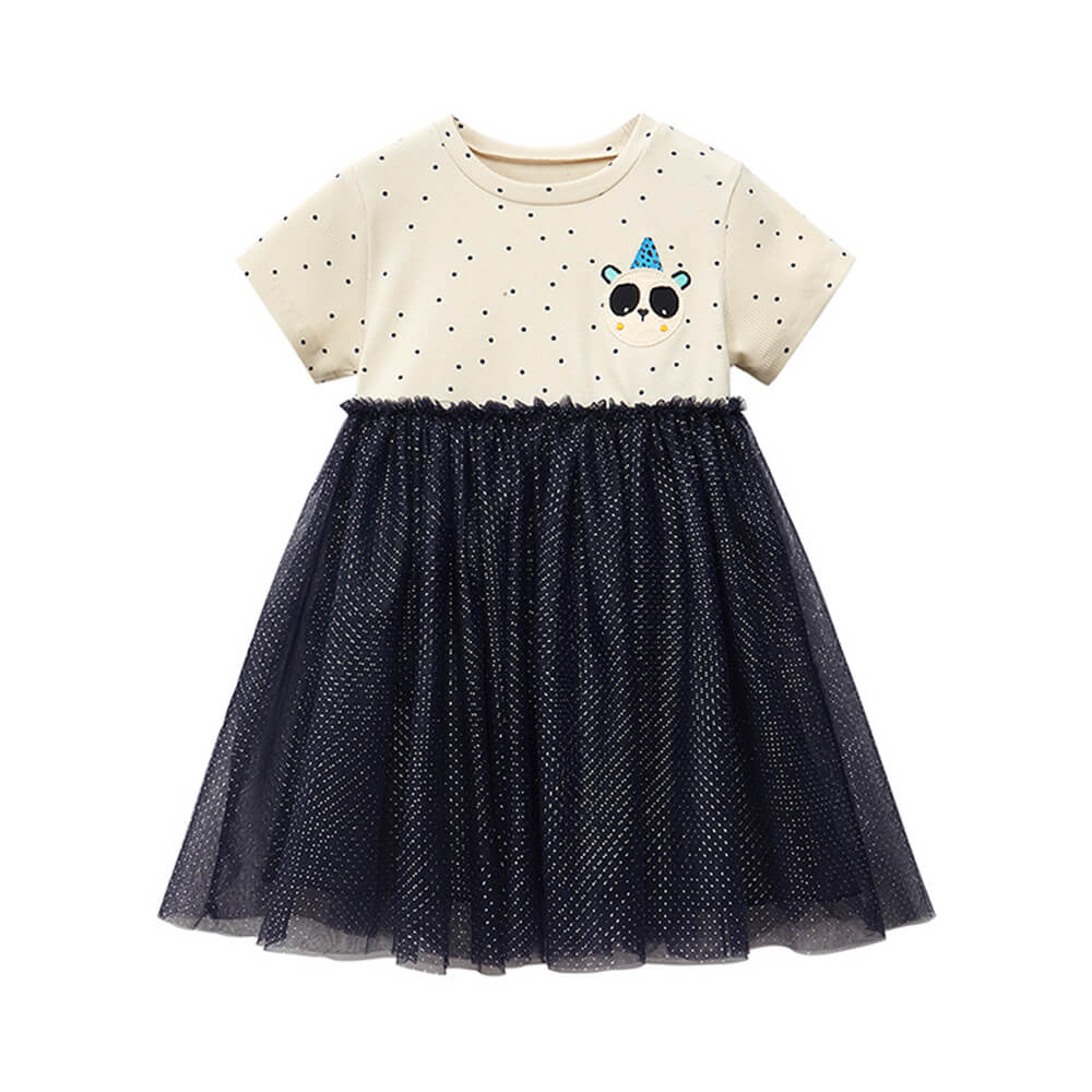 Chic Polka Dot Tulle Dress with Cartoon Bear - Girls' Summer Collection