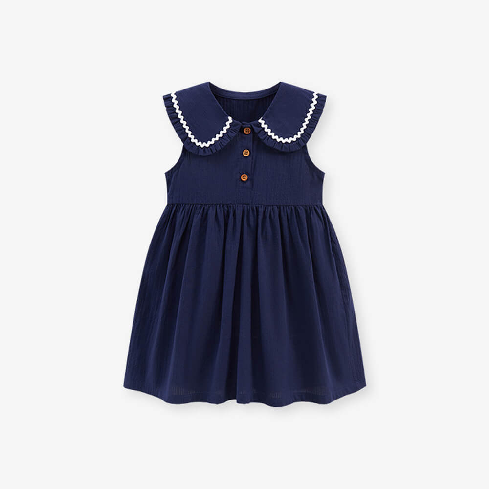 Navy Blue Cotton Princess Dress with Contrast Peter Pan Collar for Girls