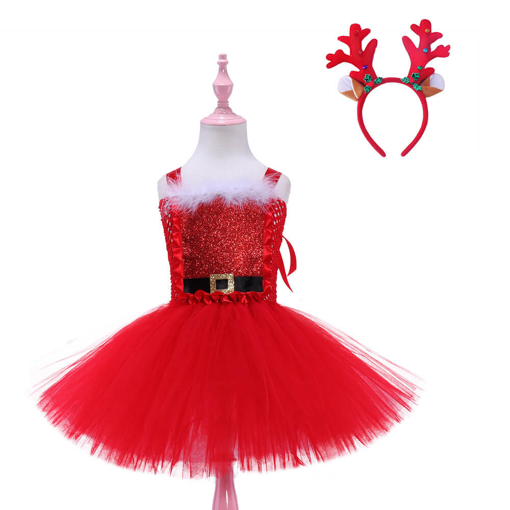 Charming Christmas Tulle Dress for Kids – Festive Red Bunny & Deer Santa Claus Themed Dress