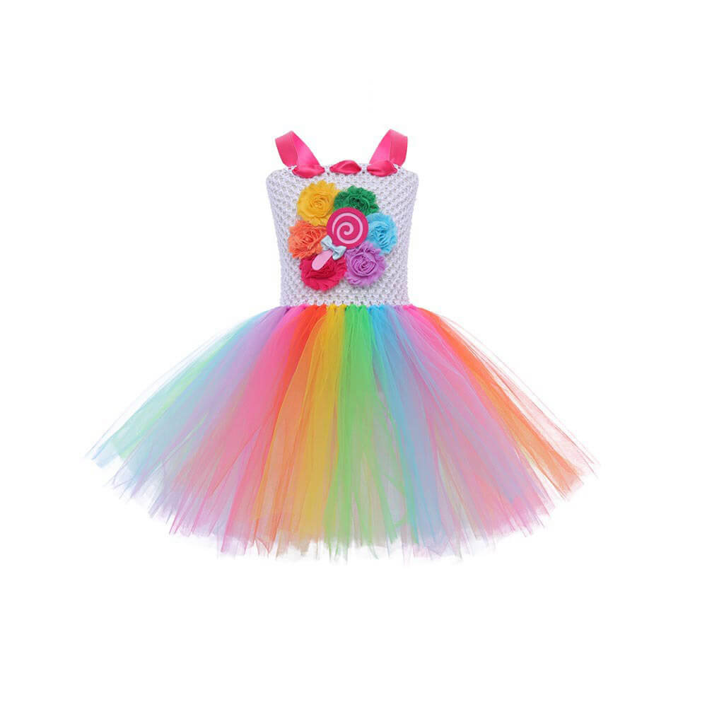 Rainbow Candy Tulle Princess Dress - Vibrant Floral Lollipop Girls' Performance Dress for Children's Day