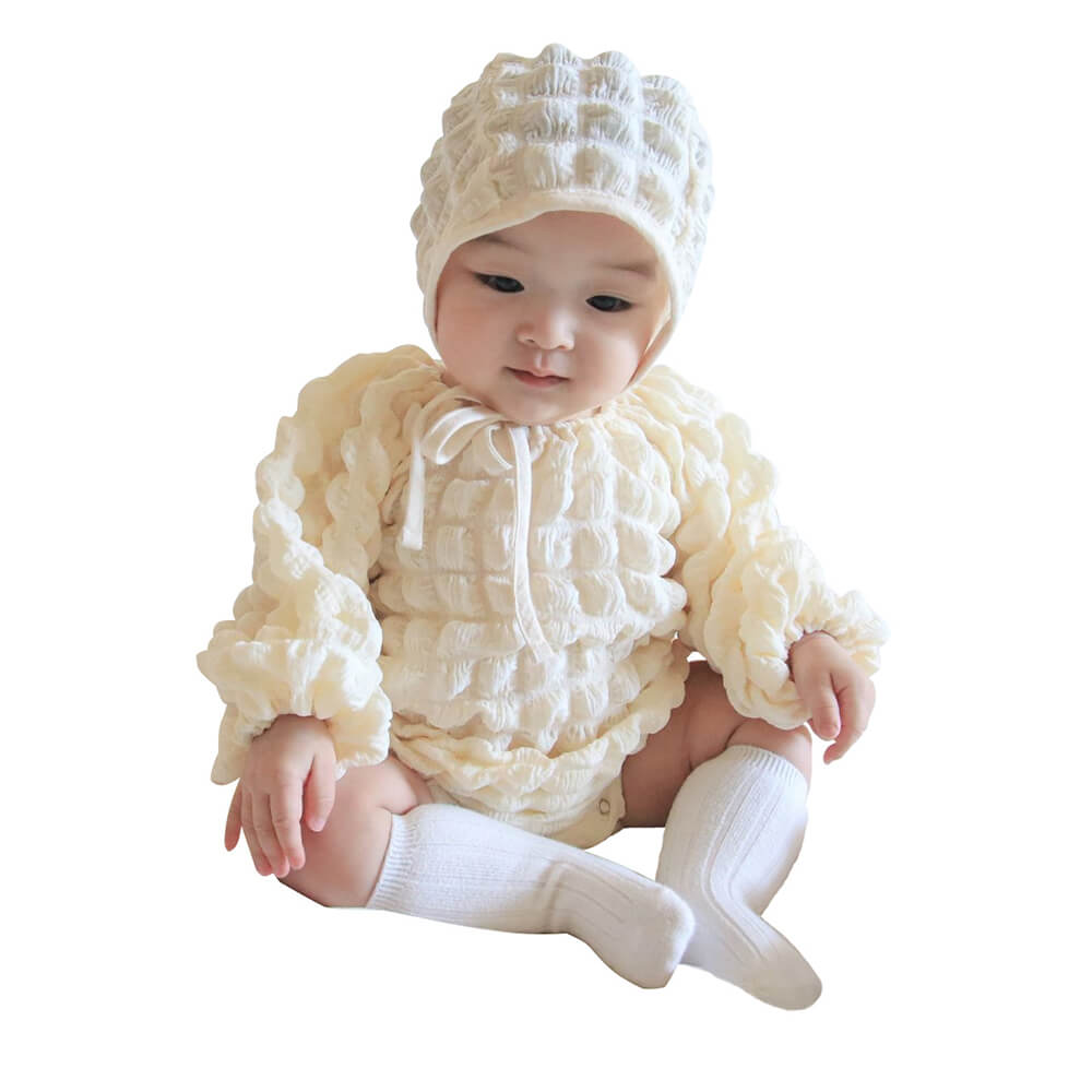 2023 Spring/Fall Collection: Baby Girl's Waffle Weave Bubble Romper with Ruffle Detail