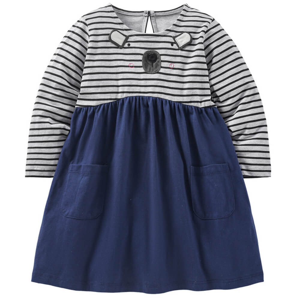 Girls' Striped Princess Dress - Autumn Collection with Adorable Bear Accents
