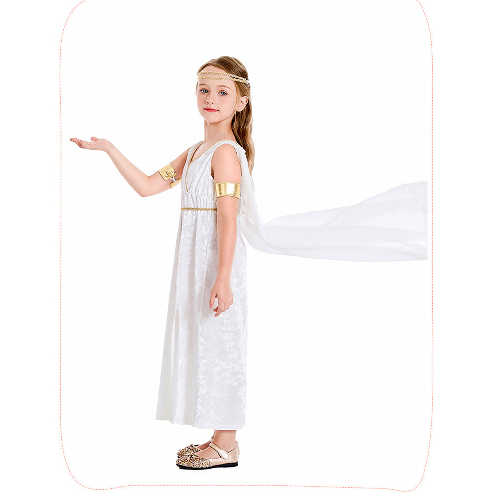 Tiny Cuddling Greek Mythology Inspired Girls' White Gown with Golden Cape – Perfect for Halloween and Costume Parties