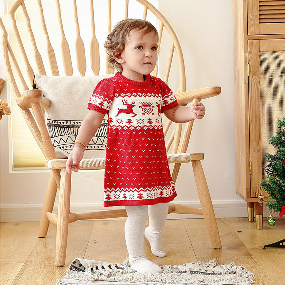 Tiny Cuddling Baby Girls Sweater Christmas Elk Print