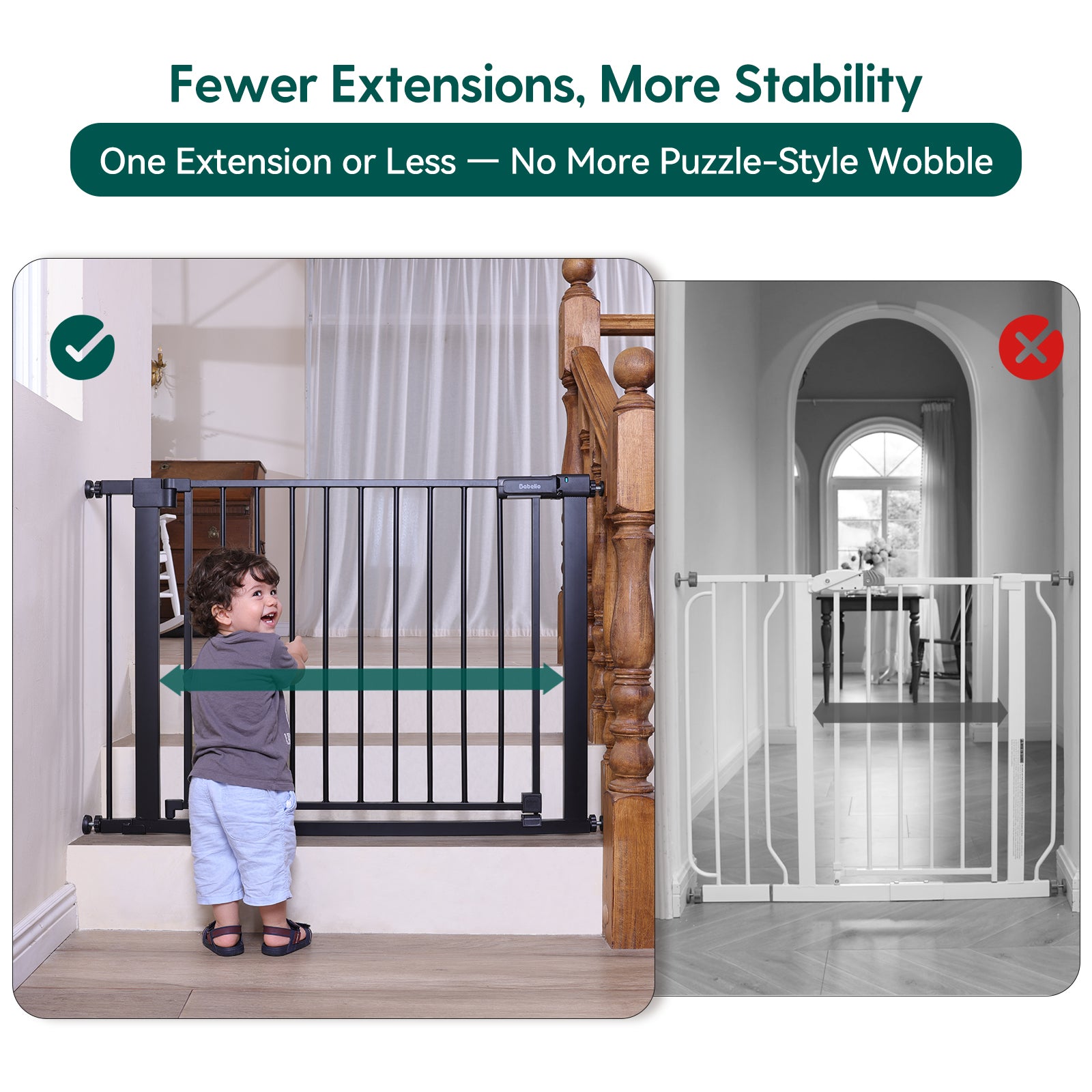 Child safety gate with stability improvement feature, showing before and after scenarios.#Color_Black