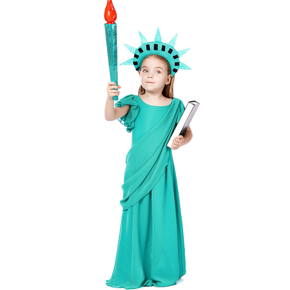 Tiny Cuddling Girls' Statue of Liberty Costume - Kids' Greek Goddess Gown with Torch and Crown - Halloween and Stage Performance Dress